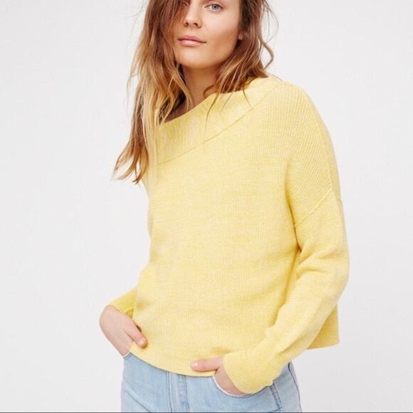 Free People Yellow Alana Linen Heathered Sweater Off Shoulder Sz Small - Picture 1 of 7